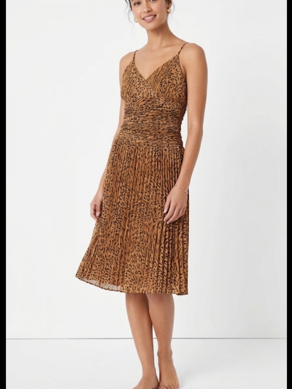 Ruched Spaghetti-Strap Midi Dress in Brown Animal Print